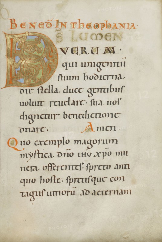 Decorated Initial D; Regensburg, Bavaria, Germany; about 1030 - 1040; Tempera colors, gold leaf, and ink on parchment; Leaf