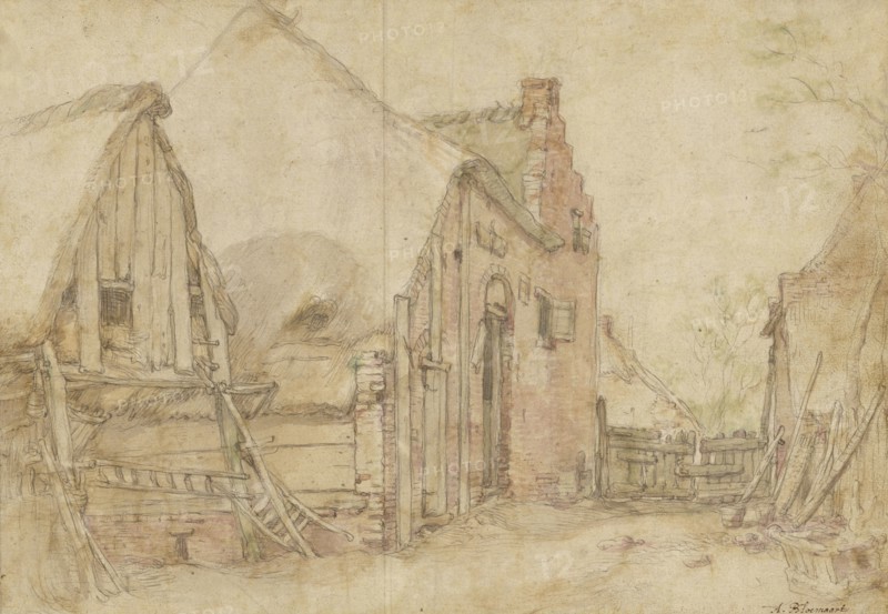 View of a Farm Courtyard, recto, Study of a Tree, verso, Abraham Bloemaert, Dutch, 1564 - 1651, Netherlands; about 1600