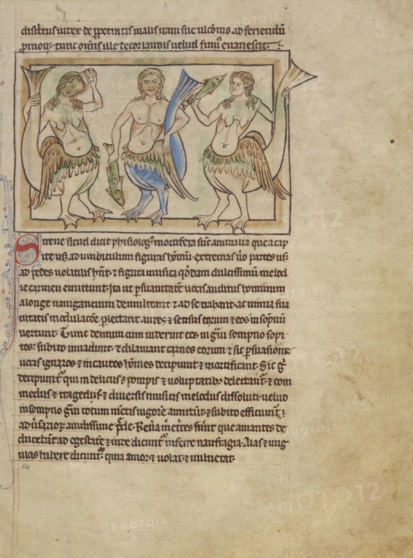 Sirens; England; about 1250 - 1260; Pen-and-ink drawings tinted with body color and translucent washes on parchment; Leaf