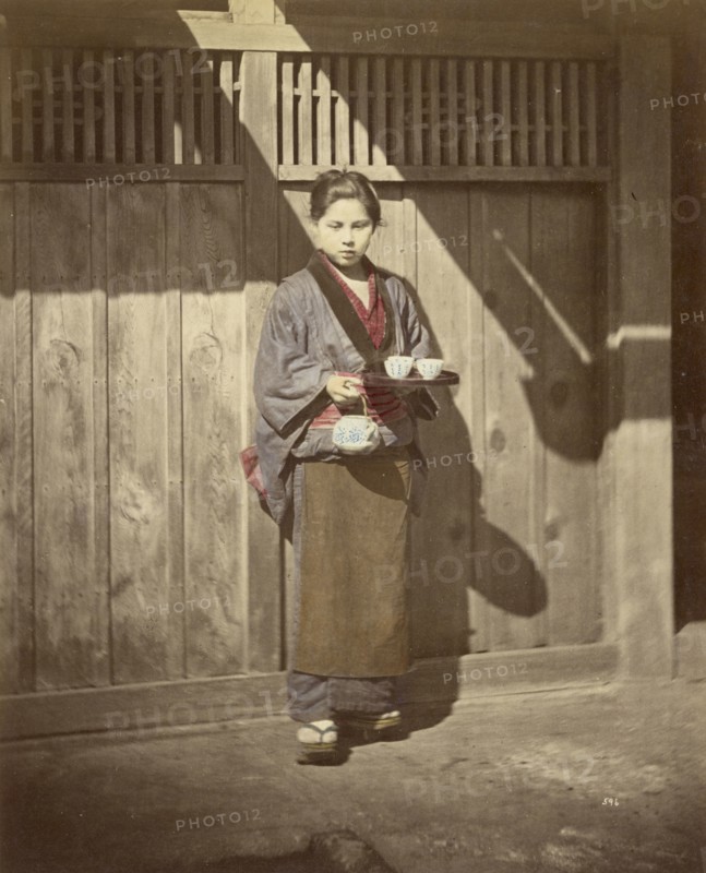 Woman with Tea Tray; Felice Beato, 1832 - 1909, Japan; 1863 - 1868; Hand-colored Albumen silver print