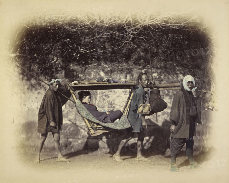 Kango Bearers; Felice Beato, 1832 - 1909, Japan; about 1868; Hand-colored Albumen silver print