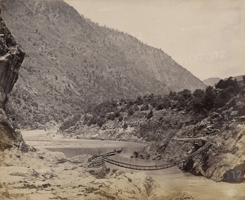 Rope Bridge near Kistwar; Samuel Bourne, English, 1834 - 1912, Kistwar, India; 1864; Albumen silver print