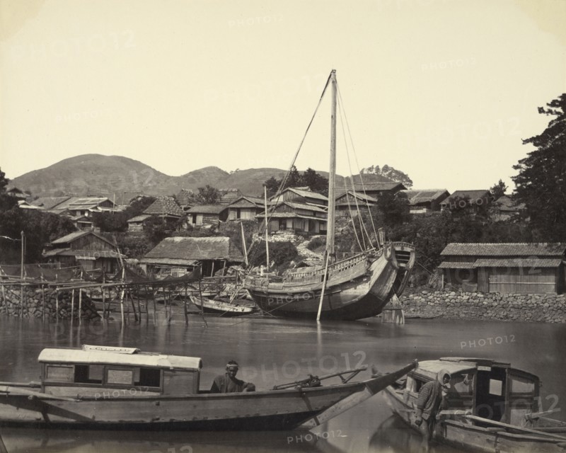 Boats in River, Nagasaki; Felice Beato, 1832 - 1909, Nagasaki, Japan; about 1865; Albumen silver print