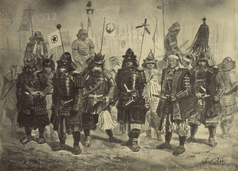 Photographic Copy of a Drawing of Japanese Warriors by Charles Wirgman; Felice Beato, 1832 - 1909, Japan