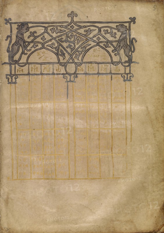 Canon Table Page; Nicaea, Turkey; early 13th century; Tempera colors and gold leaf on parchment; Leaf: 20.6 x 14.9 cm