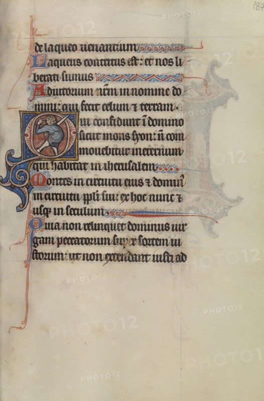 Initial O: A Man Holding a Sword and Pointing to His Eyes; Bute Master, Franco-Flemish, active about 1260 - 1290, Northeastern