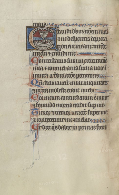 Initial E: Passengers in a Boat Crying Out to God for Mercy; Bute Master, Franco-Flemish, active about 1260 - 1290, Paris