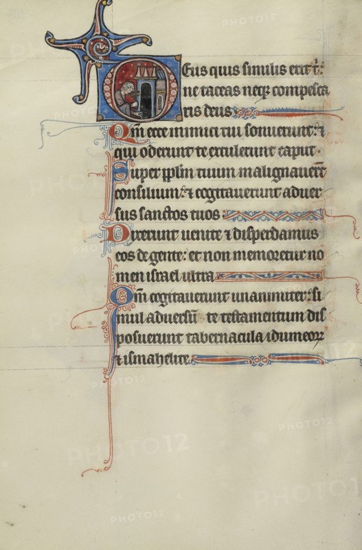 Initial D: A Man Hammering a Nail into the Ground before a Building; Bute Master, Franco-Flemish, active about 1260 - 1290