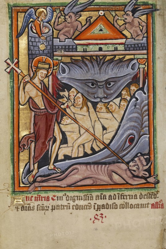 Harrowing of Hell; York perhaps, illuminated, Northern, England; illumination about 1190; written about 1490; Tempera colors