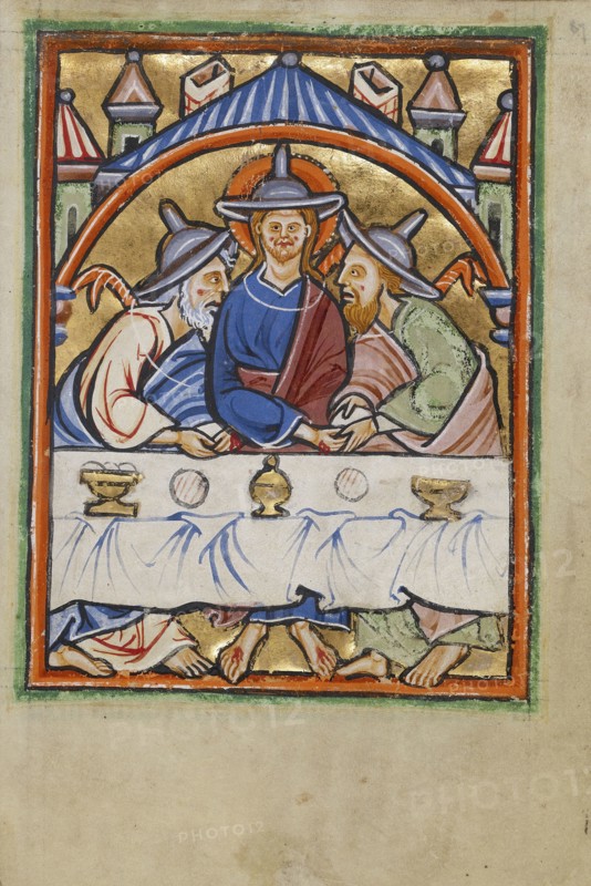 Supper at Emmaus; York perhaps, illuminated, Northern, England; illumination about 1190; written about 1490; Tempera colors