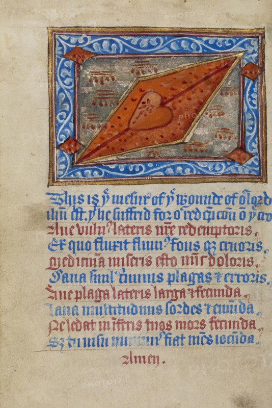 Christ's Side Wound; Norfolk perhaps, written, East Anglia, England; illumination about 1190; written about 1490; Tempera