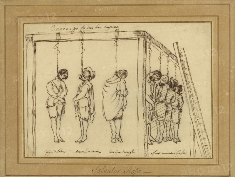 Seven Men on the Gallows; Bolognese School; Italy; about 1630; Pen and brown ink over black chalk; 18.7 × 26 cm