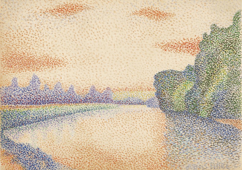 The Banks of the Marne at Dawn; Albert Dubois-Pillet, French, 1846 - 1890, France; about 1888; Watercolor over traces of black
