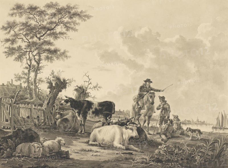 Landscape with Cattle, Sheep, and Herders; Jacob van Strij, Dutch, 1756 - 1815, Netherlands; about 1800 - 1810; Pencil, pen