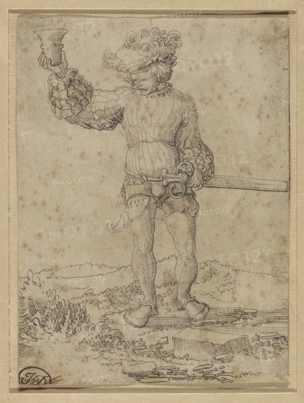 Mercenary Soldier in a Landscape; Circle of Wolf Huber, German, 1480,1485 - 1553, Germany; about 1515; Pen and black ink