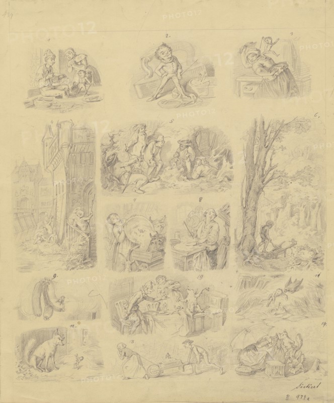Fourteen Scenes Related to the Tale of Tom Thumb; Oswald Adalbert Sickert, British, 1828 - 1885, Germany; about 1851; Graphite