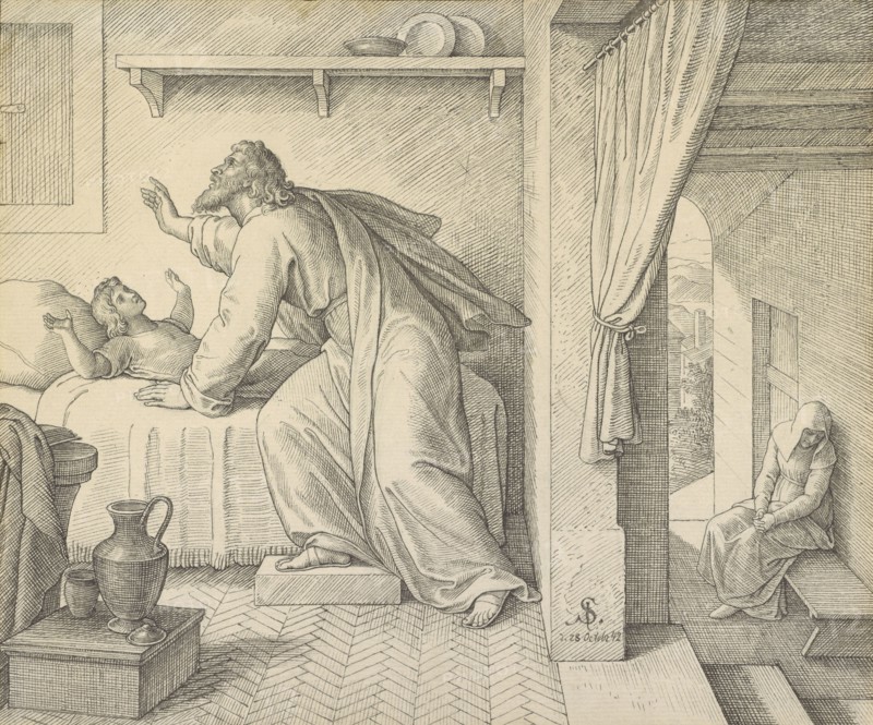 Elijah Revives the Son of the Widow of Zarephath; Julius Schnorr von Carolsfeld, German, 1794 - 1872, Germany; 1842; Black ink