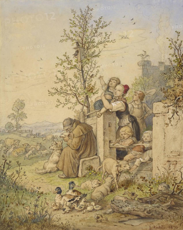 Spring Has Arrived; Ludwig Richter, German, 1803 - 1884, Germany; 1870; Watercolor, graphite, gouache and touches of red chalk
