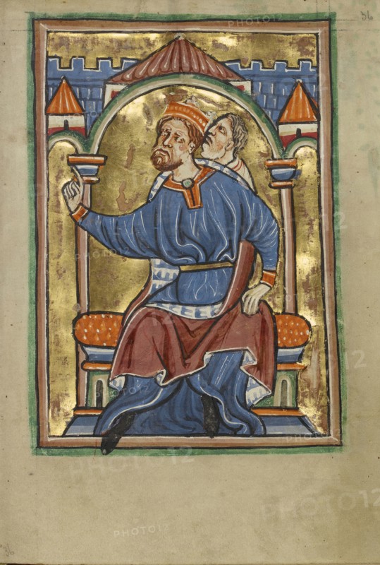 Herod Enthroned; Norfolk perhaps, written, East Anglia, England; illumination about 1190; written about 1490; Tempera colors
