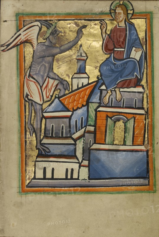 The Second Temptation; Norfolk perhaps, written, East Anglia, England; illumination about 1190; written about 1490; Tempera