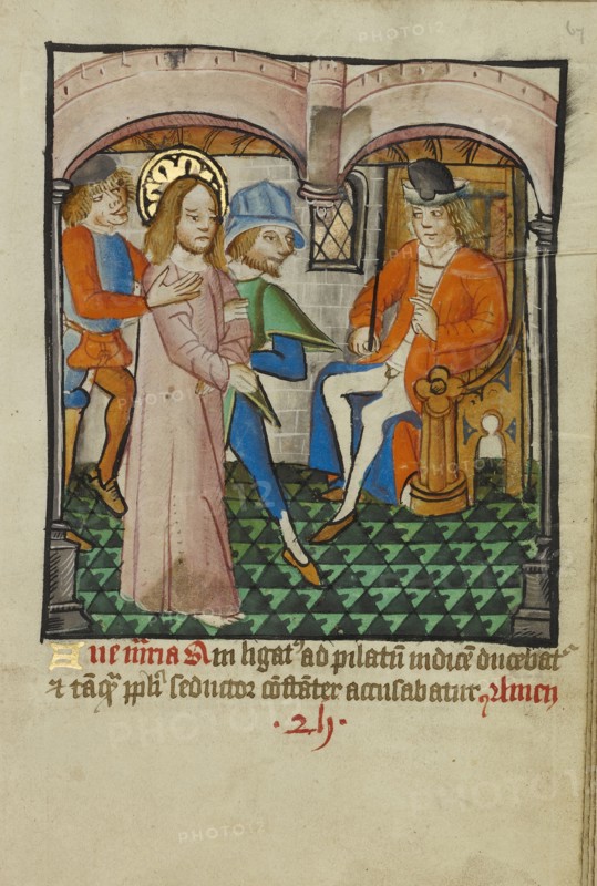 Christ Before Pilate; Norfolk perhaps, written, East Anglia, England; illumination about 1190; written about 1490; Tempera