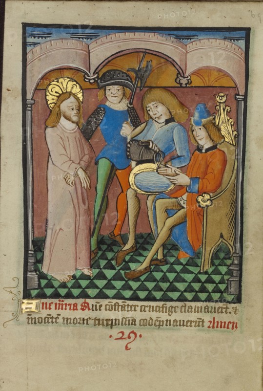 Pilate Washing His Hands; Norfolk perhaps, written, East Anglia, England; illumination about 1190; written about 1490; Tempera
