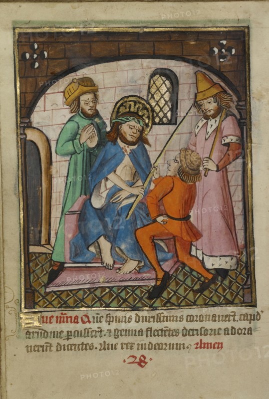 Christ Crowned with Thorns; Norfolk perhaps, written, East Anglia, England; illumination about 1190; written about 1490