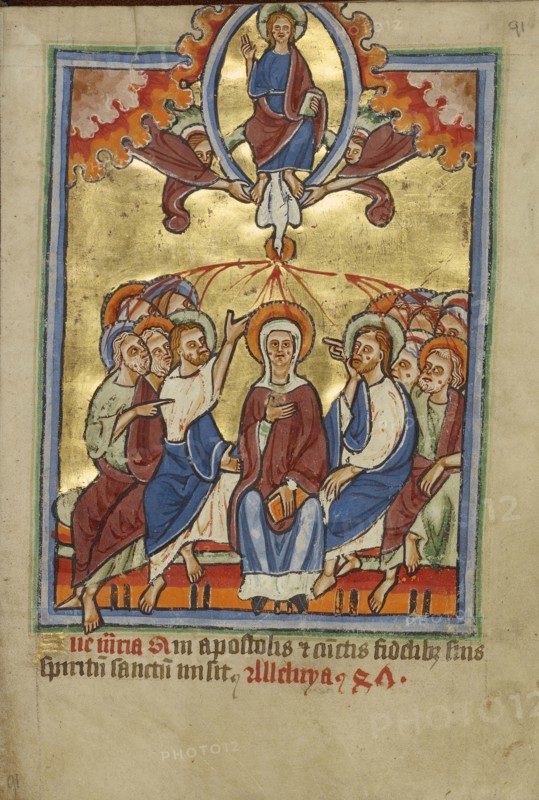 Pentecost; York perhaps, illuminated, Northern, England; illumination about 1190; written about 1490; Tempera colors and gold