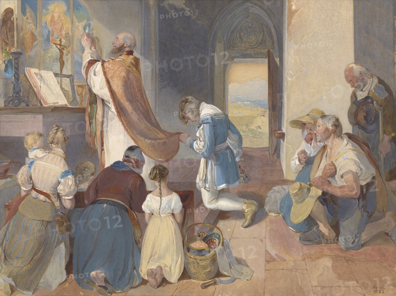 Fridolin Assists with the Holy Mass; Peter Fendi, Austrian, 1796 - 1842, Austria; 1833; Gouache, watercolor and graphite; 23.4