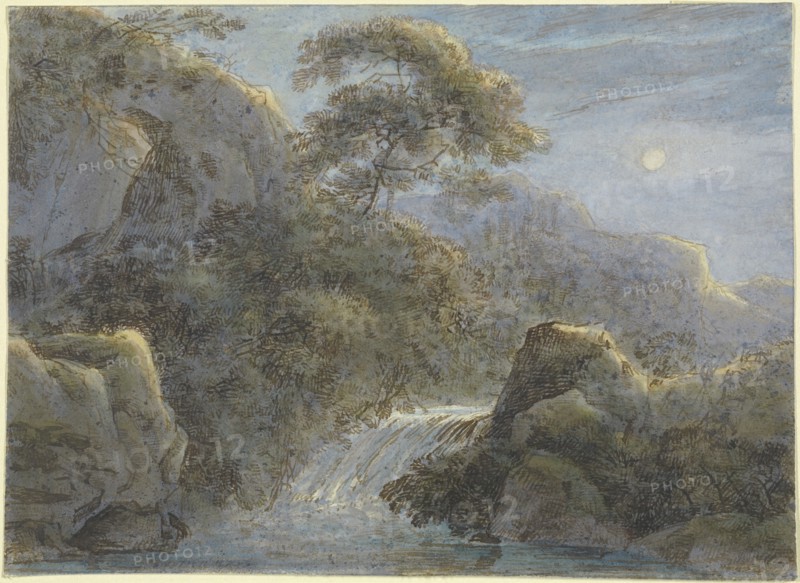 Waterfall in the Mountains by Moonlight; Franz Innocenz Kobell, German, 1749 - 1822, Germany; about 1800; Brown ink, watercolor