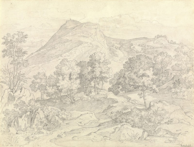 A View of Civitella from the Serpentara next to Olevano; Heinrich Reinhold, German, 1788 - 1825, Italy; 1821; Graphite