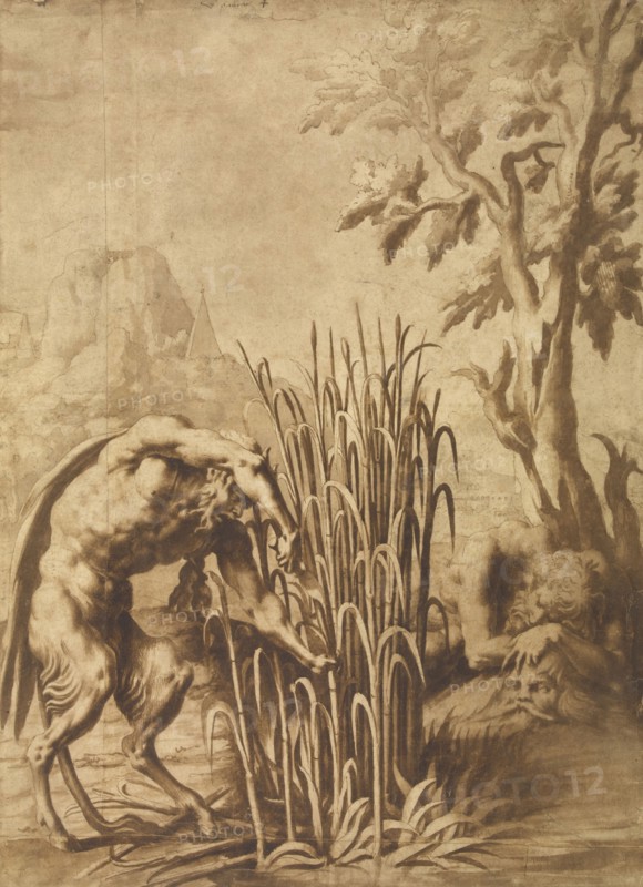Pan cuts the reed into which the nymph Syrinx has turned; School of Fontainebleau; France; mid-16th century; Pen and brown ink