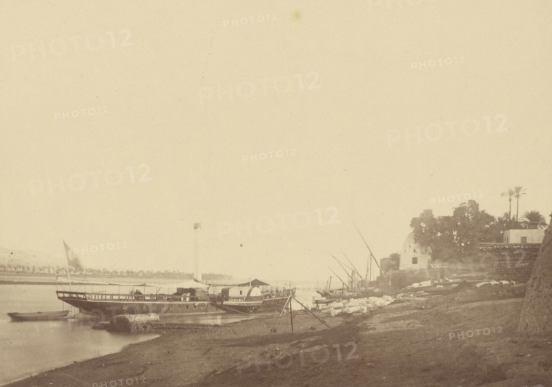 Boats on the Bank of the Nile; Théodule Devéria, French, 1831 - 1871, France; 1865; Albumen silver print