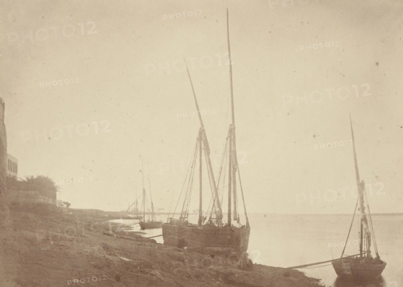 Sailing Boats on the Bank of the Nile; Théodule Devéria, French, 1831 - 1871, France; 1865; Albumen silver print