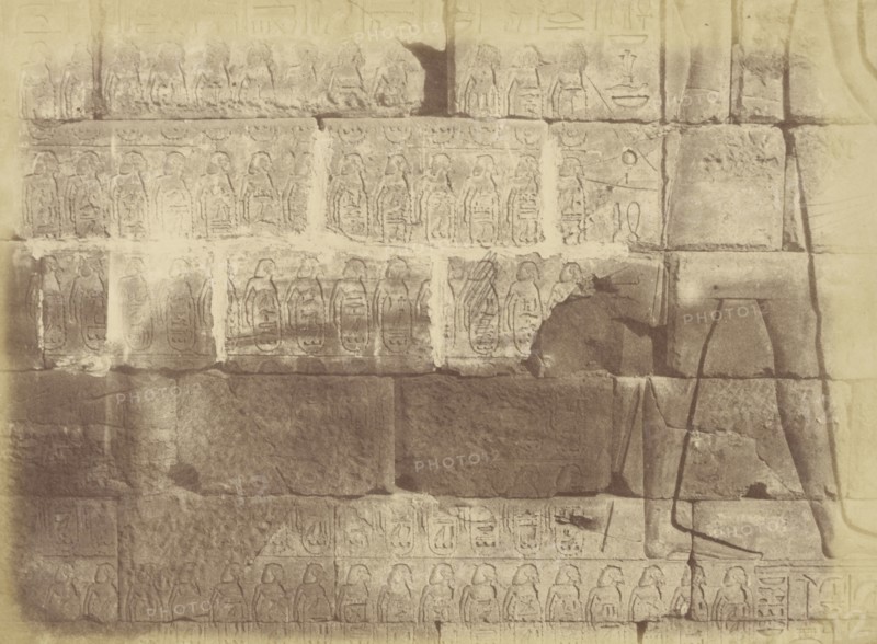 Close-up View of Hieroglyphic Inscriptions and Sculptures, List of the Defeated Nations, Karnak; Théodule Devéria French, 1831