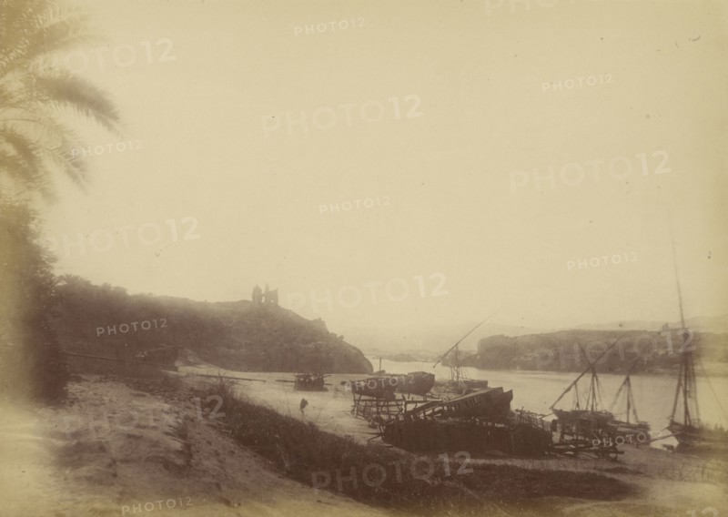 View of the Nile with Boats and Ruins; Théodule Devéria, French, 1831 - 1871, France; 1865; Albumen silver print