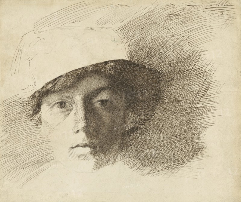 Self-Portrait; Charles Samuel Keene, English, 1823 - 1891, England; about 1845; Pen and brown ink over black chalk