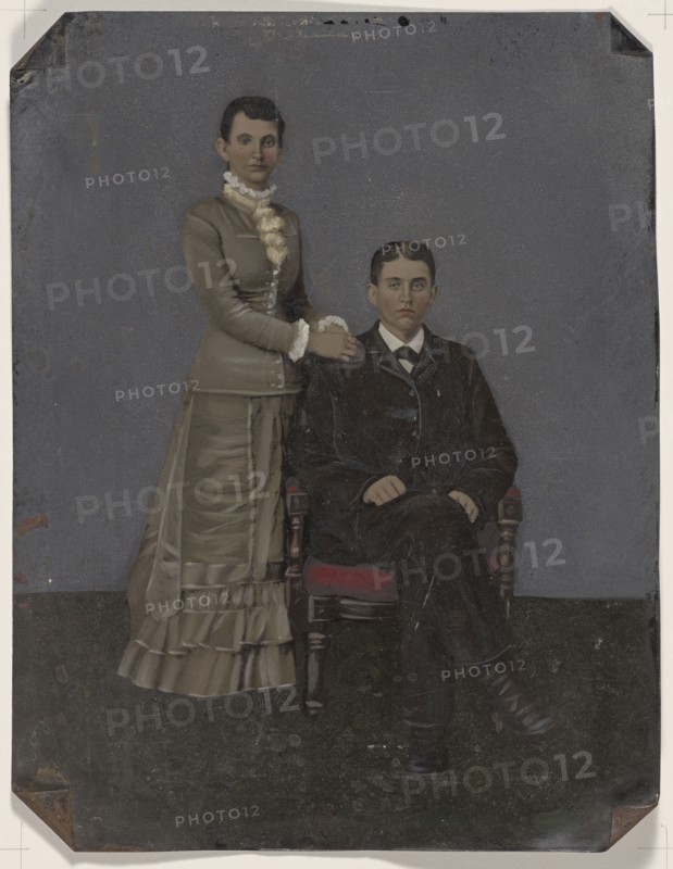 Portrait of young couple; United States; 1860s - 1880s; Hand-colored tintype; Sheet: 21.5 x 16.5 cm, 8 7,16 x 6 1,2 in