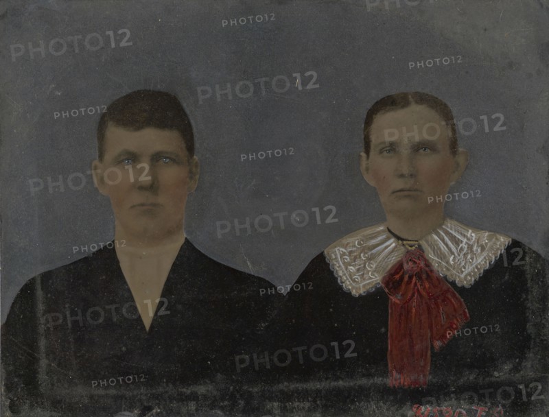 Portrait of young couple; United States; 1860s - 1880s; Hand-colored tintype; Sheet: 19.6 x 25.6 cm, 7 11,16 x 10 1,16 in