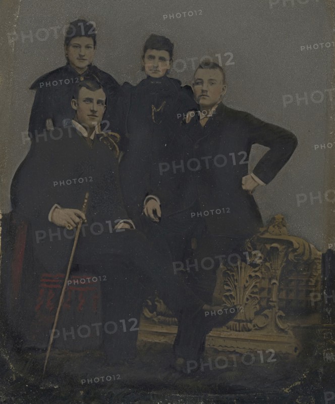 Portrait of two young men and two young women; United States; 1860s - 1880s; Hand-colored tintype; Sheet: 21.6 × 6.3 cm