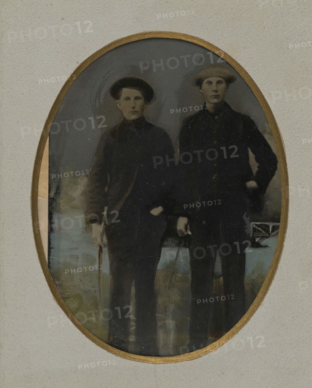 Portrait of two men; United States; 1860s - 1880s; Hand-colored tintype; Sheet: 21.1 x 16.4 cm, 8 5,16 x 6 7,16 in