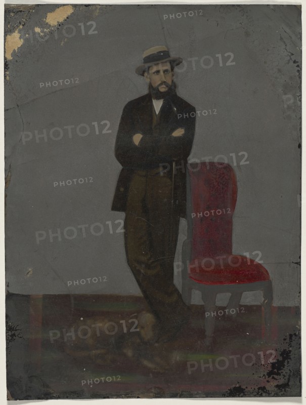 Portrait of man and dog; United States; 1860s - 1880s; Hand-colored tintype; Sheet: 21.7 x 16.1 cm, 8 9,16 x 6 5,16 in