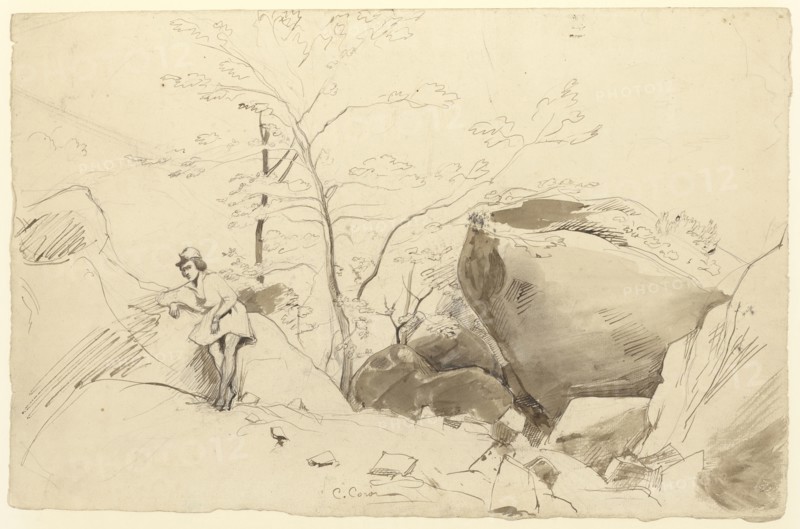 Fontainebleau, Figure Leaning Against a Rock; Jean-Baptiste-Camille Corot, French, 1796 - 1875, France; about 1830 - 1835; Pen