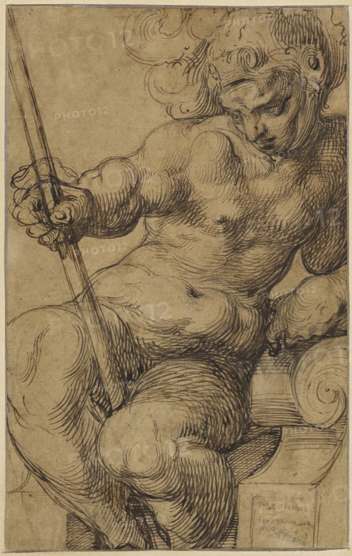 Nude Warrior, Mars?, Leaning over a Volute, recto, Nude Child Playing with a Viola, verso, Toussaint Dubreuil, French, 1558