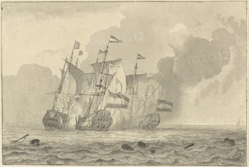 A Battle at Sea; Ludolf Backhuyzen, Dutch, 1631 - 1708, The Netherlands; 1692; Black chalk, gray ink and wash; 11.9 x 17.7 cm