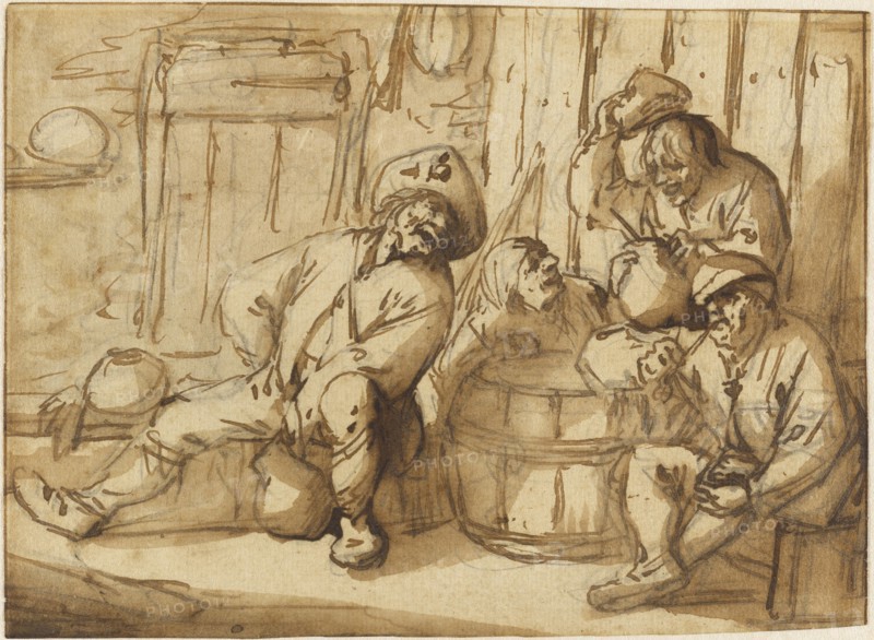 Peasants Drinking in a Tavern; Adriaen van Ostade, Dutch, 1610 - 1685, The Netherlands; early 1640s; Pen and brown ink and wash