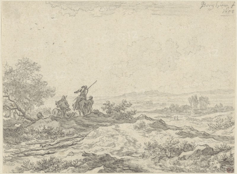 Dune Landscape with Shepherds; Nicolaes Berchem, Dutch, 1620 - 1683, The Netherlands; 1652; Black chalk and grey wash; 14.1