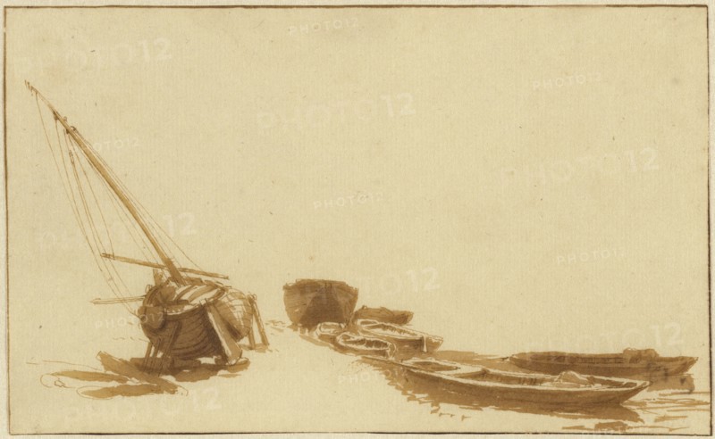 Boats on Shore and in Water; Jan de Bisschop, Dutch, 1628 - 1671, The Netherlands; 1648 - 1652; Pen and brown ink and wash
