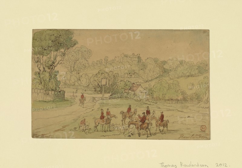 Landscape with Hunting Scene; Thomas Rowlandson, British, 1757 - 1827, England; 1780s; Brown ink, watercolor and black chalk