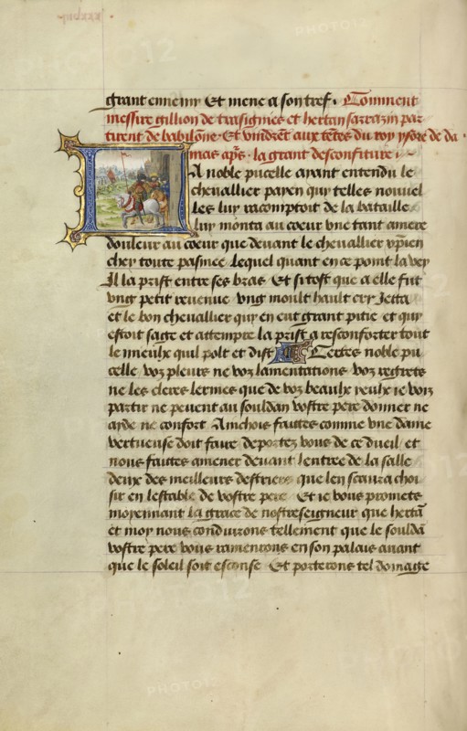Initial L: Gillion and His Companion Hertan Riding to Rescue the Sultan; Lieven van Lathem, Flemish, about 1430 - 1493, David